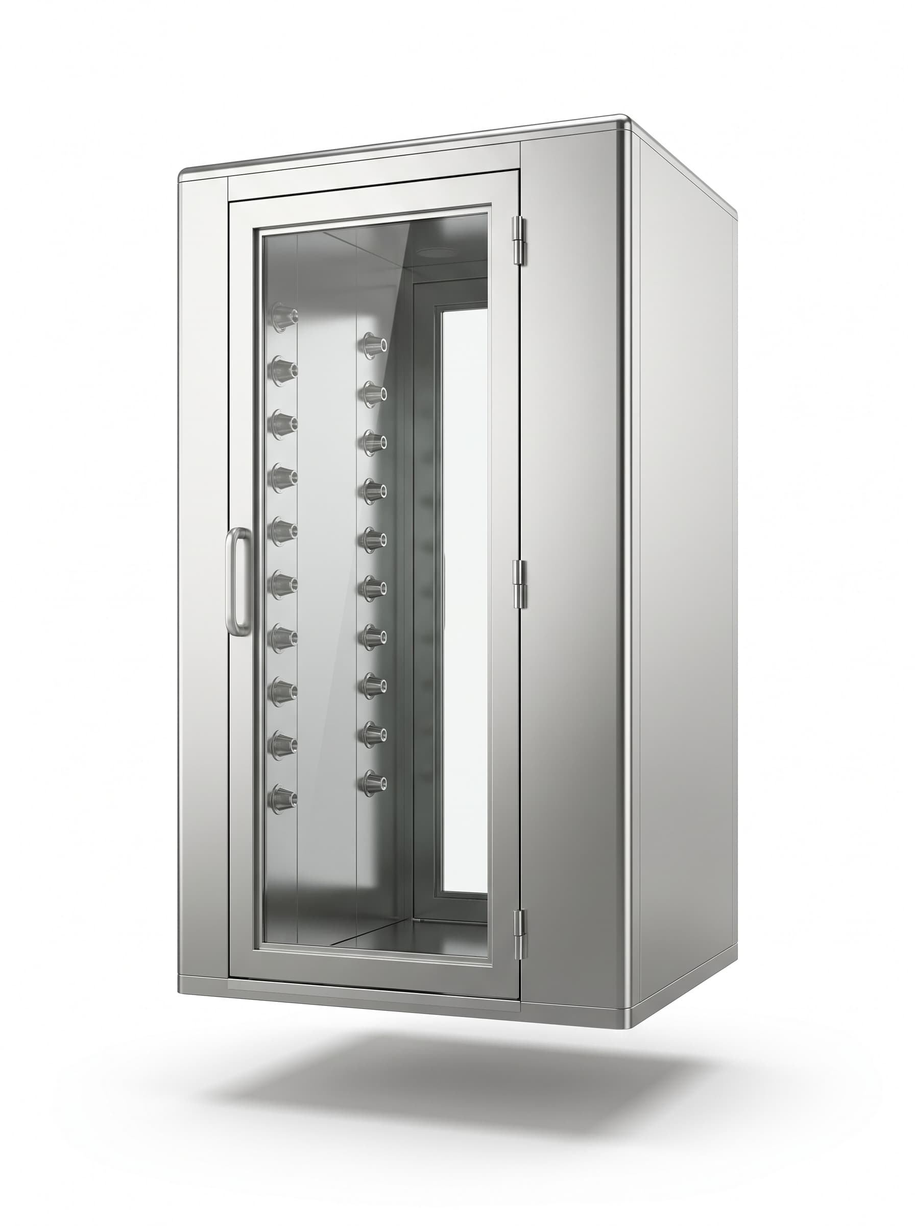 Stainless steel cleanroom air shower with interlocked doors and side wall nozzle arrays