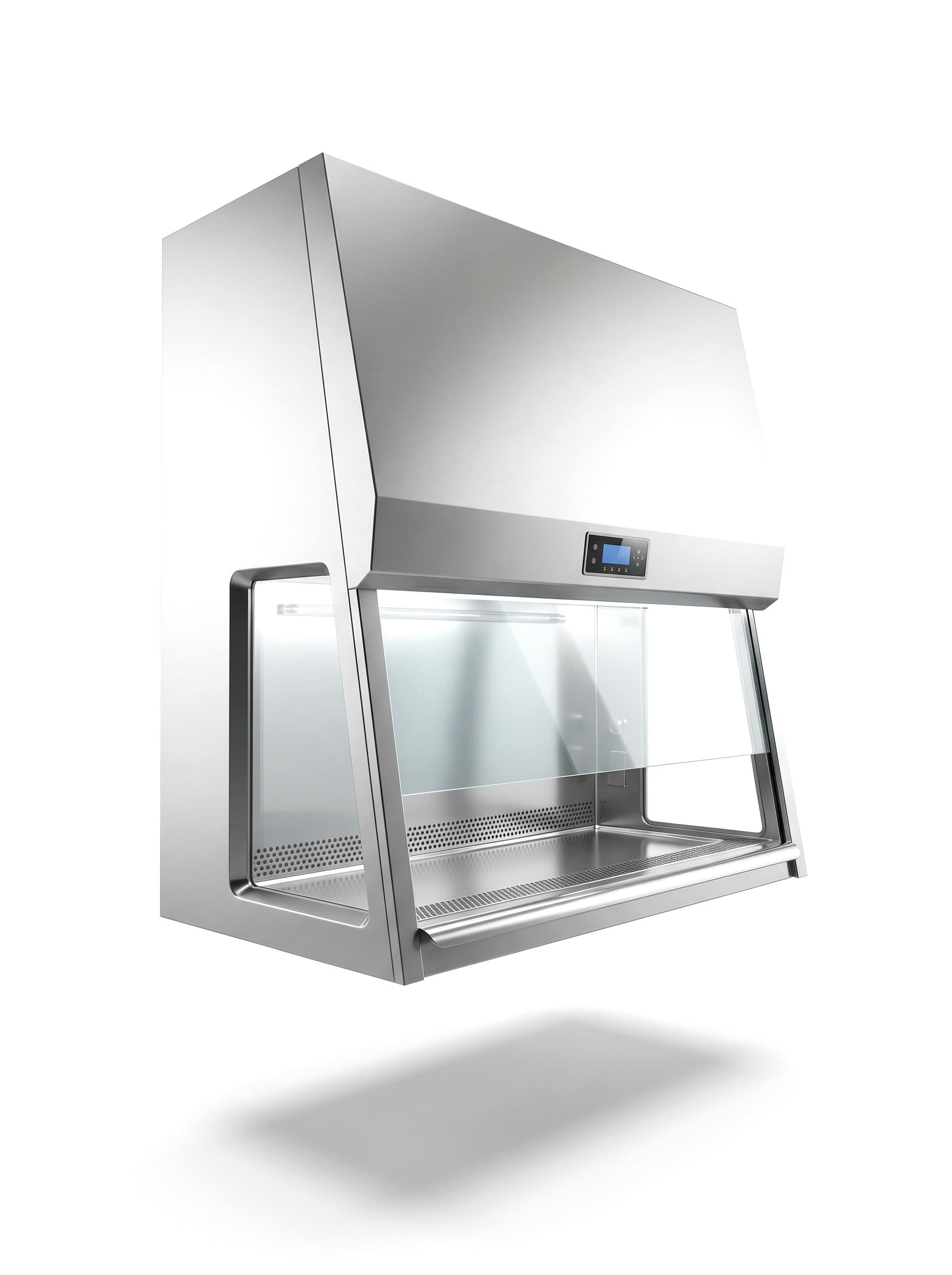 Class II biosafety cabinet with a front sash and a stainless steel work tray