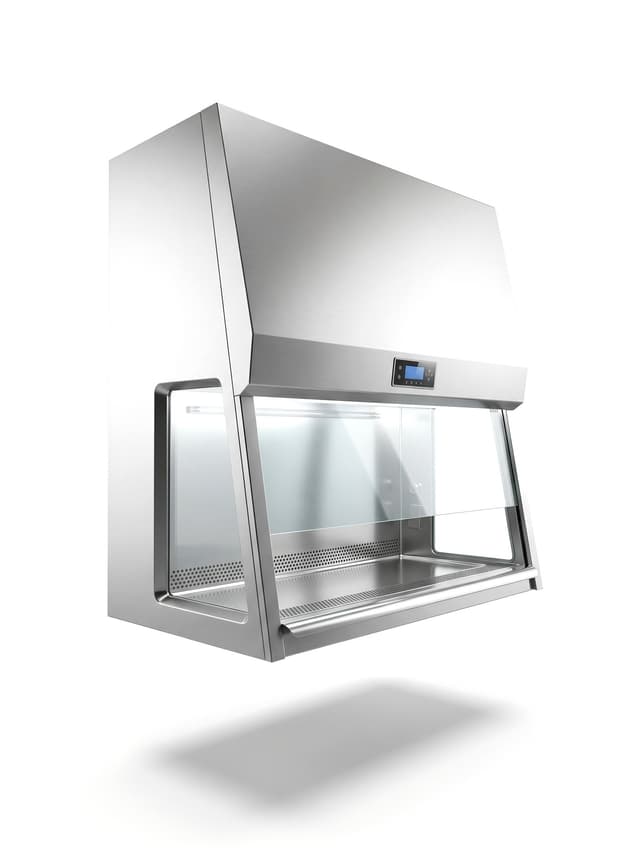 Class II biosafety cabinet with a front sash and stainless steel work tray