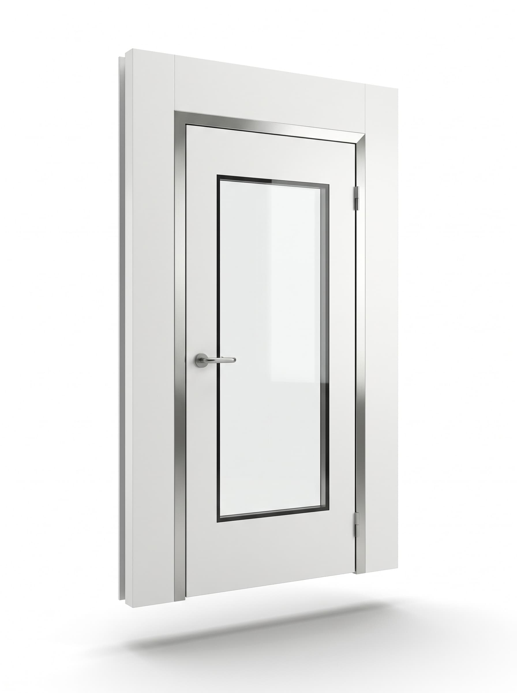 Cleanroom door with a flush leaf, a stainless frame set into a modular wall panel and a flush double glazed vision panel