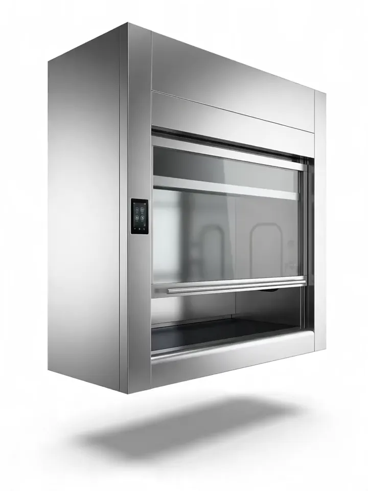 Fume hood with a raised glass sash and rear extraction baffle, illustrative render