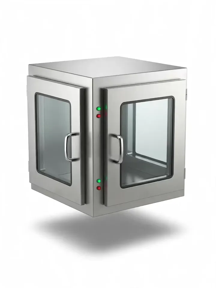 Dynamic pass box render, a stainless steel transfer chamber with an interlocked door on each face