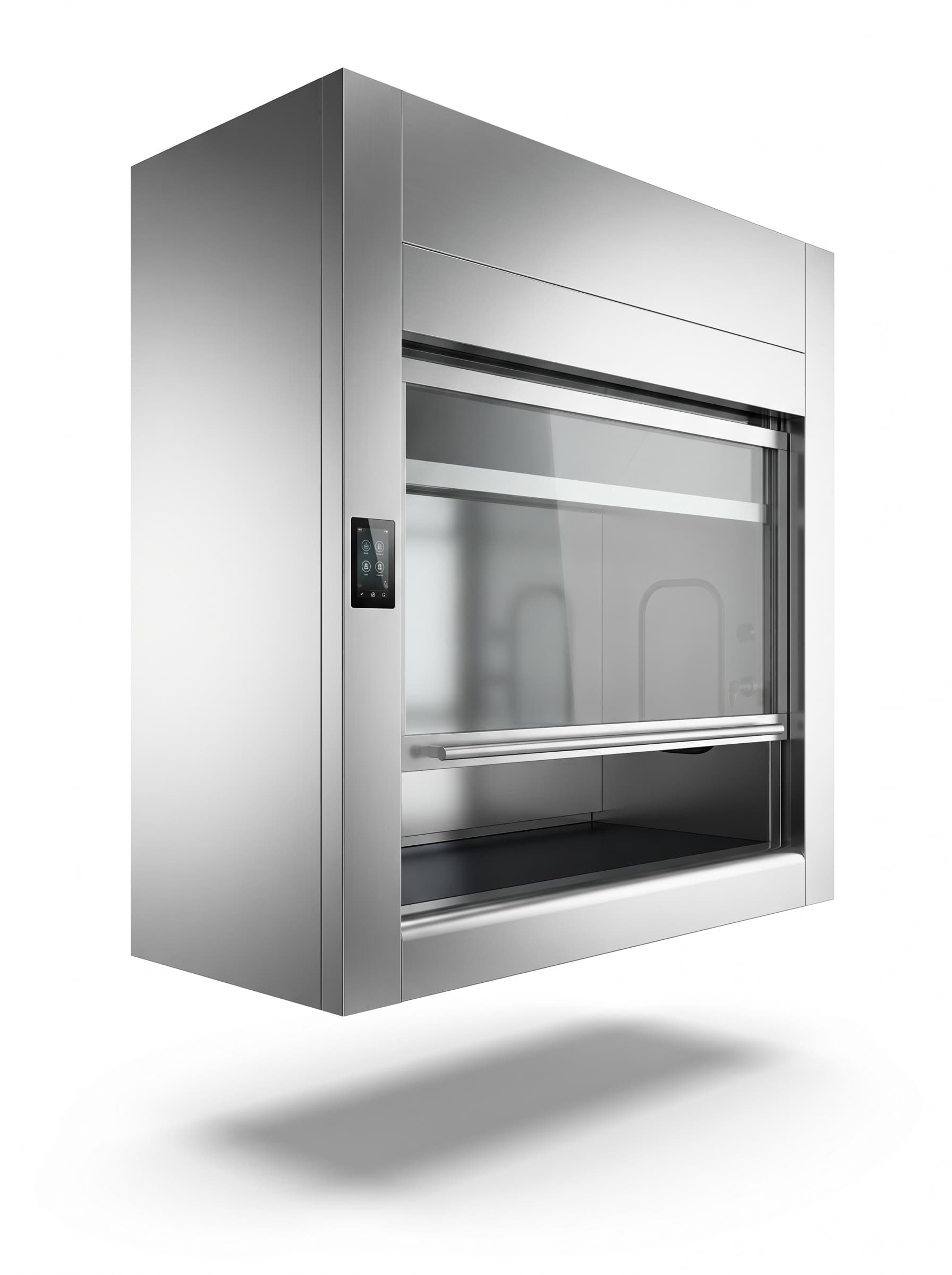 Chemical fume hood with the sash raised over a laboratory bench