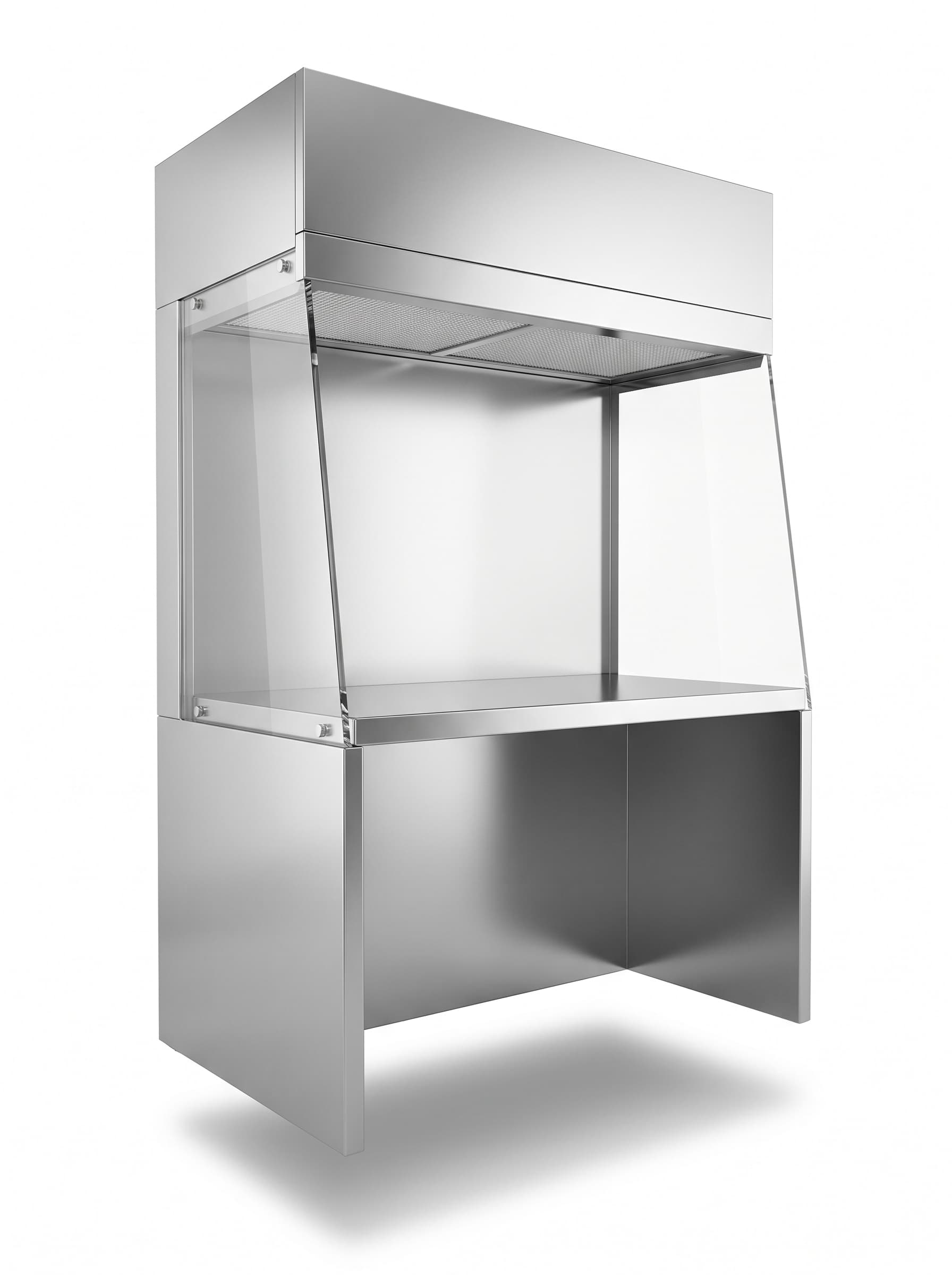 Laminar air flow unit with a HEPA filter face above a stainless steel work surface, illustrative