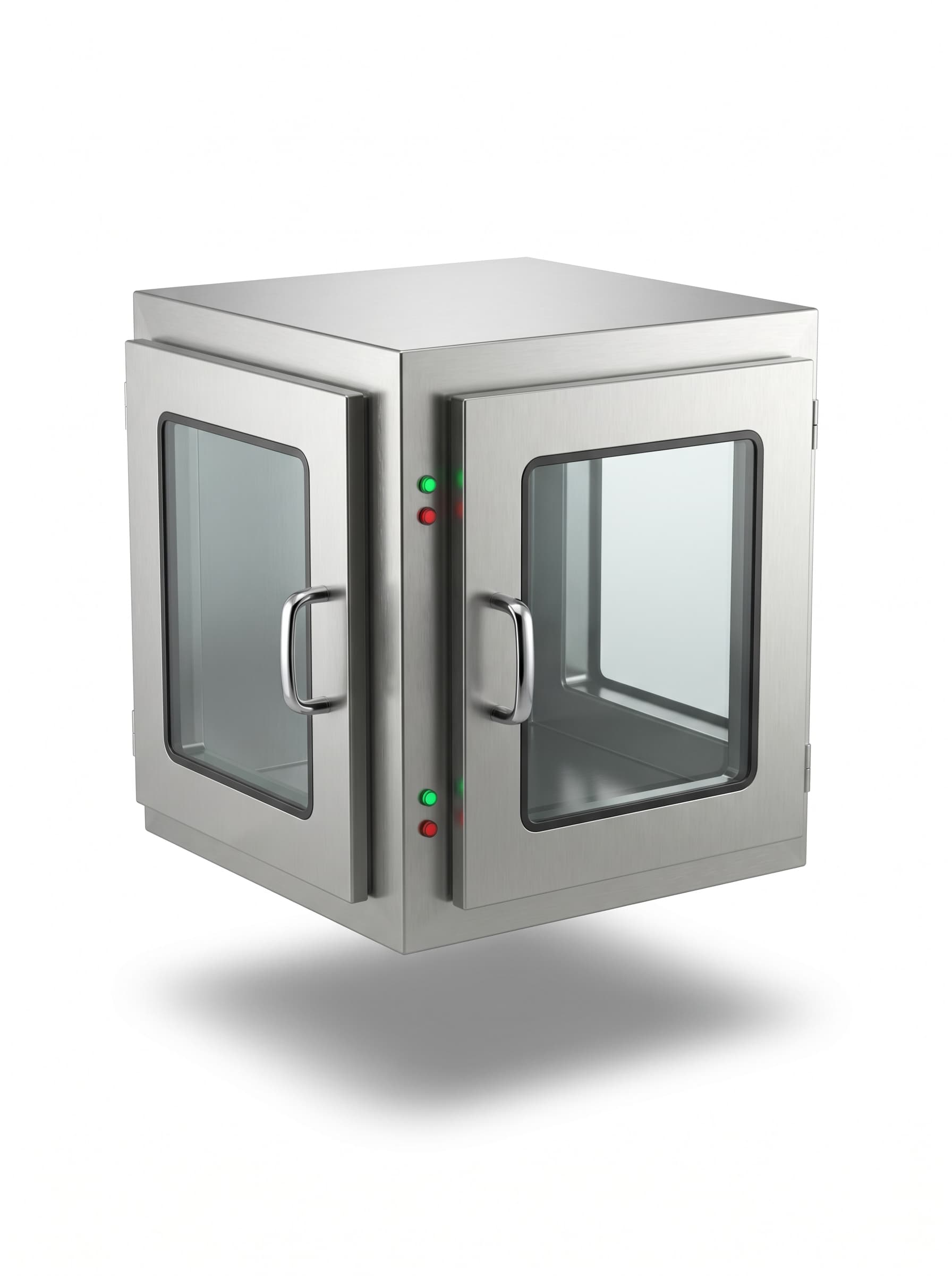 Fabtech cleanroom pass box, stainless steel transfer chamber with an interlocked door on each face