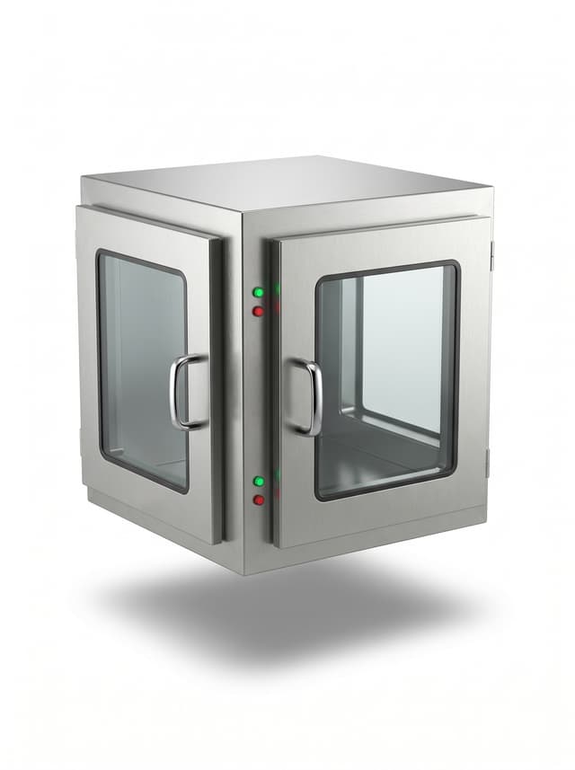 Cleanroom pass box with interlocked doors on both faces