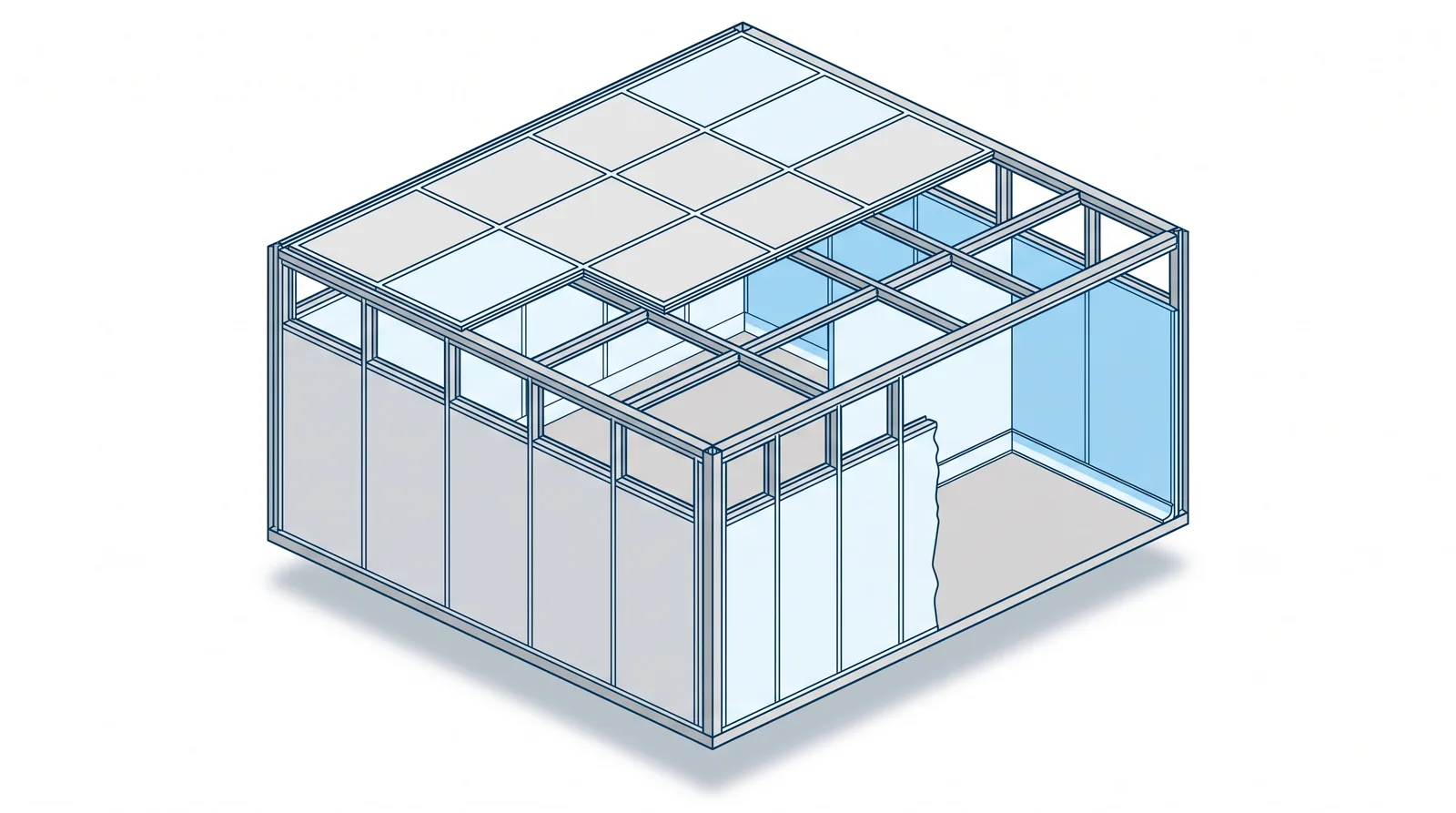 Cutaway illustration of a cleanroom shell under construction, with the structural frame erected, wall panels fitted along two runs, the ceiling grid partly laid and the coved skirting detail shown at one corner.