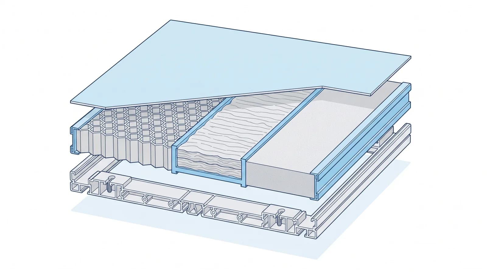 Exploded illustration of a cleanroom wall panel, with the facing sheet lifted away to reveal the core, three alternative infill samples shown side by side and the perimeter frame extrusion drawn separately.