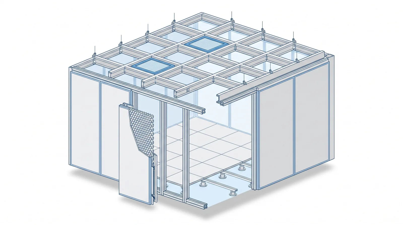 Cutaway illustration of a modular cleanroom under assembly, with flush wall panels being fitted into a structural frame, a walkable ceiling grid above, and one panel pulled clear to reveal its honeycomb core.