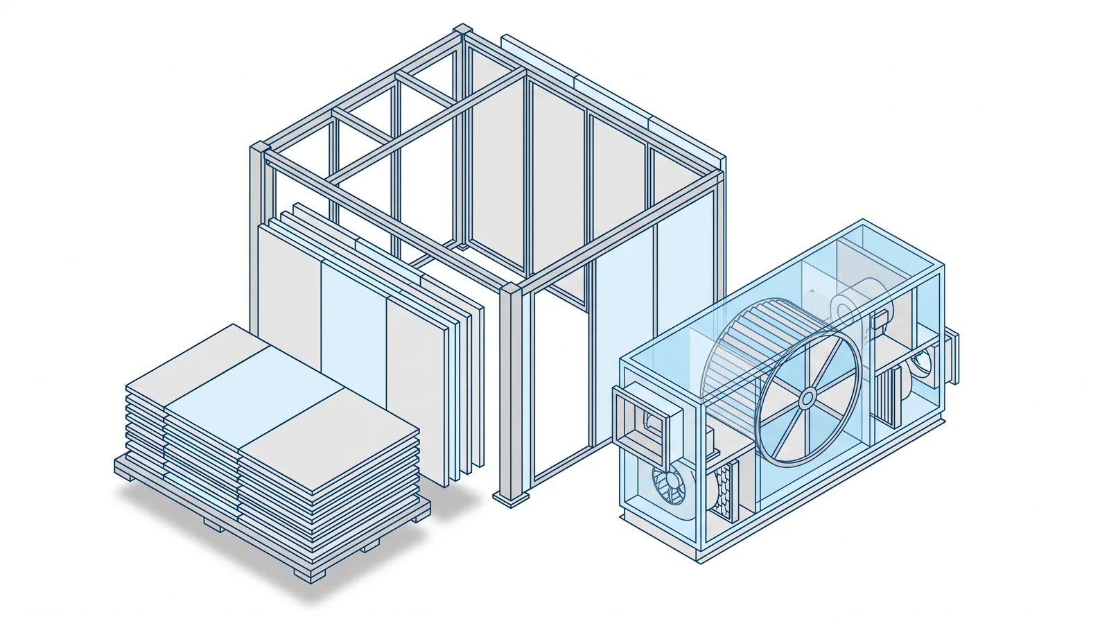 Cutaway illustration of a modular cleanroom being demounted for reuse, with wall panels lifted clear and stacked flat beside the standing frame, and an air handling unit with a rotary heat recovery wheel alongside.