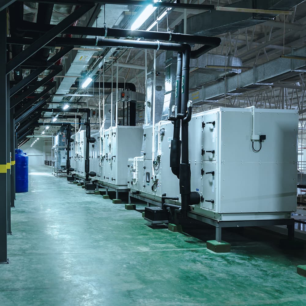 Row of cleanroom air handling units in a Fabtech HVAC plant room
