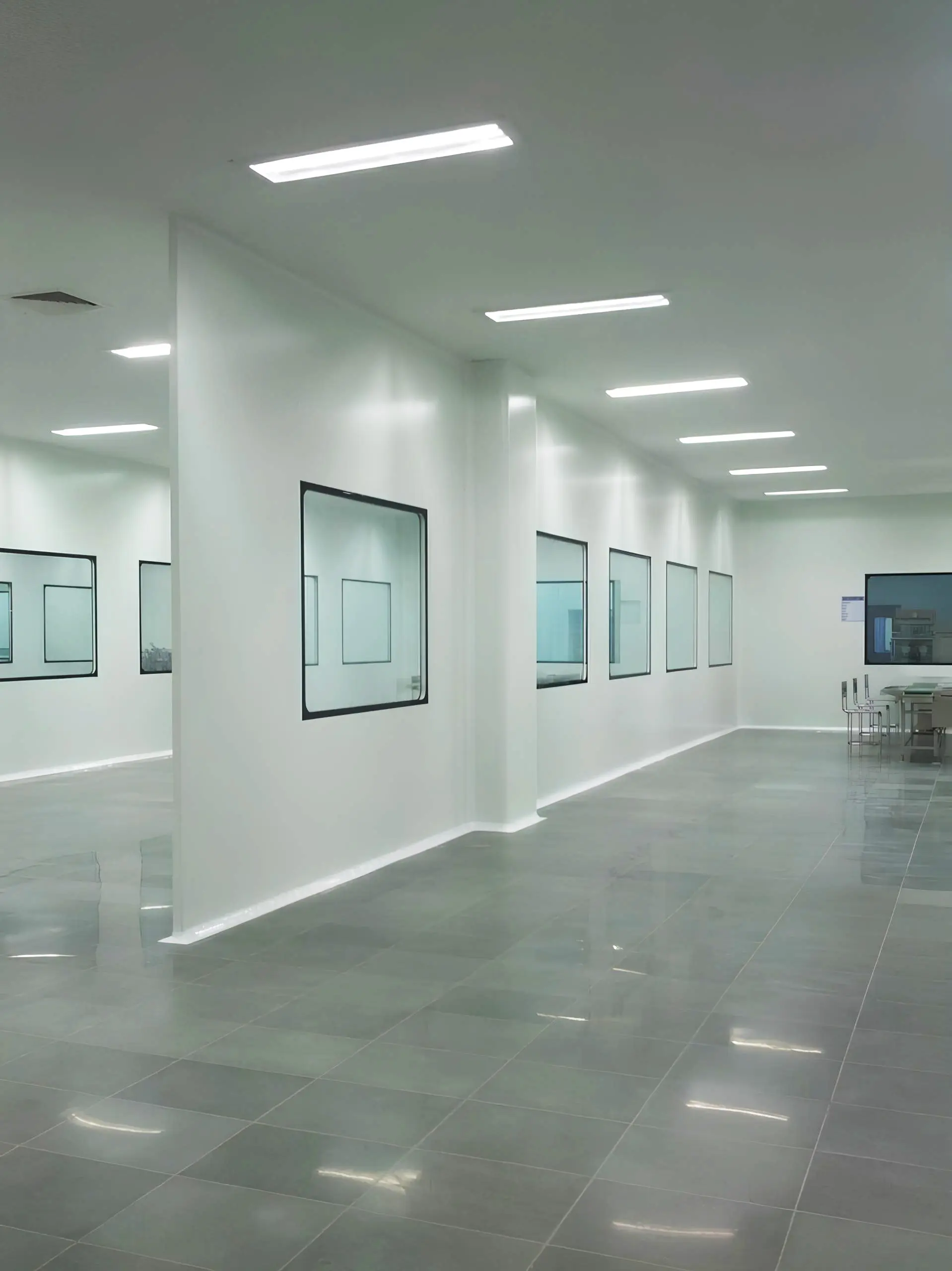 Open cleanroom hall with flush GMP view windows and seamless flooring, Ajanta Pharma, Aurangabad