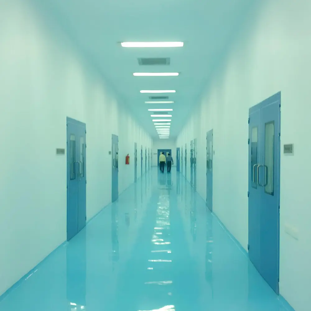 Finished pharmaceutical cleanroom corridor in use, with flush doors and seamless flooring, installed by Fabtech