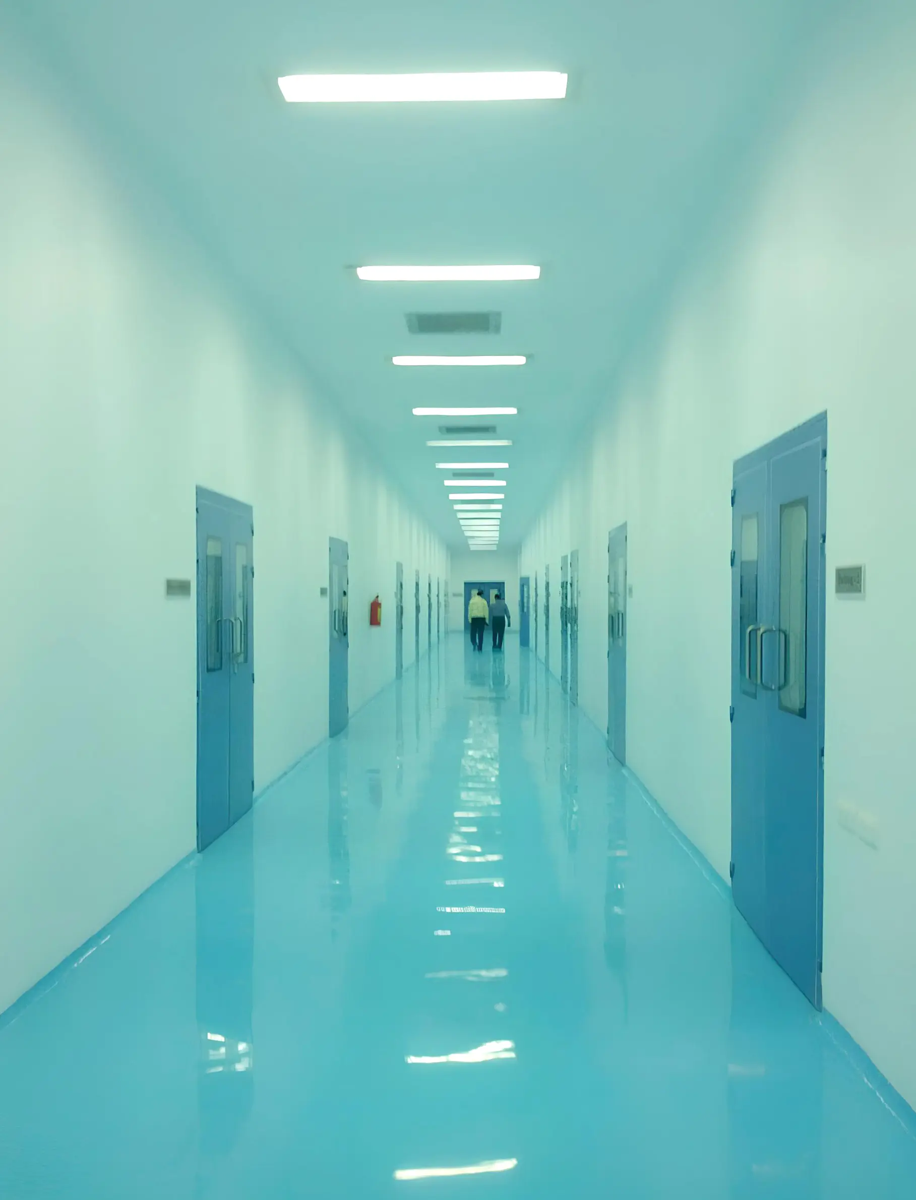 Seamless blue epoxy corridor with flush cleanroom doors, Ajanta Pharma cleanroom