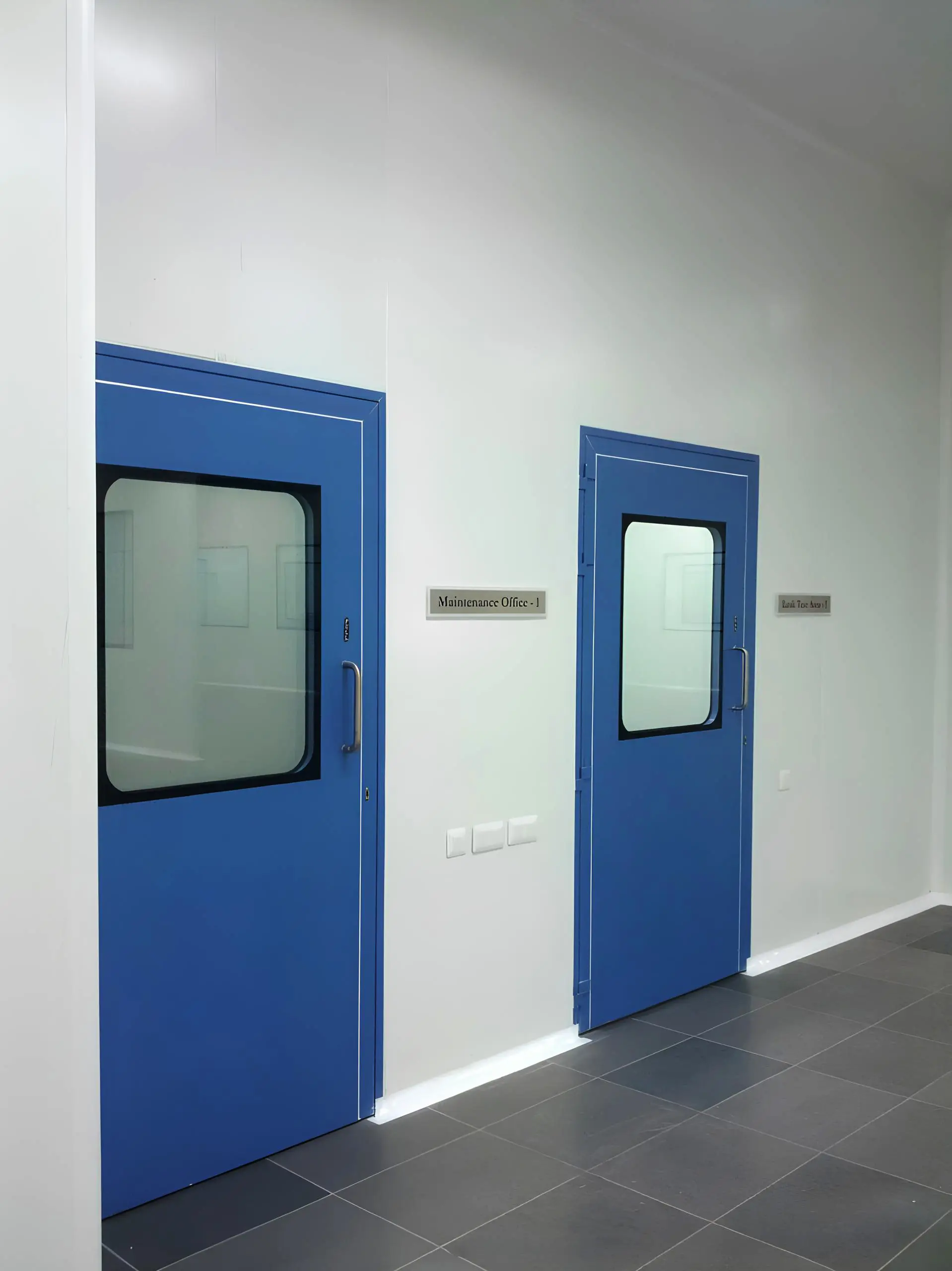 Flush interlocked cleanroom doors with view panels, Ajanta Pharma facility