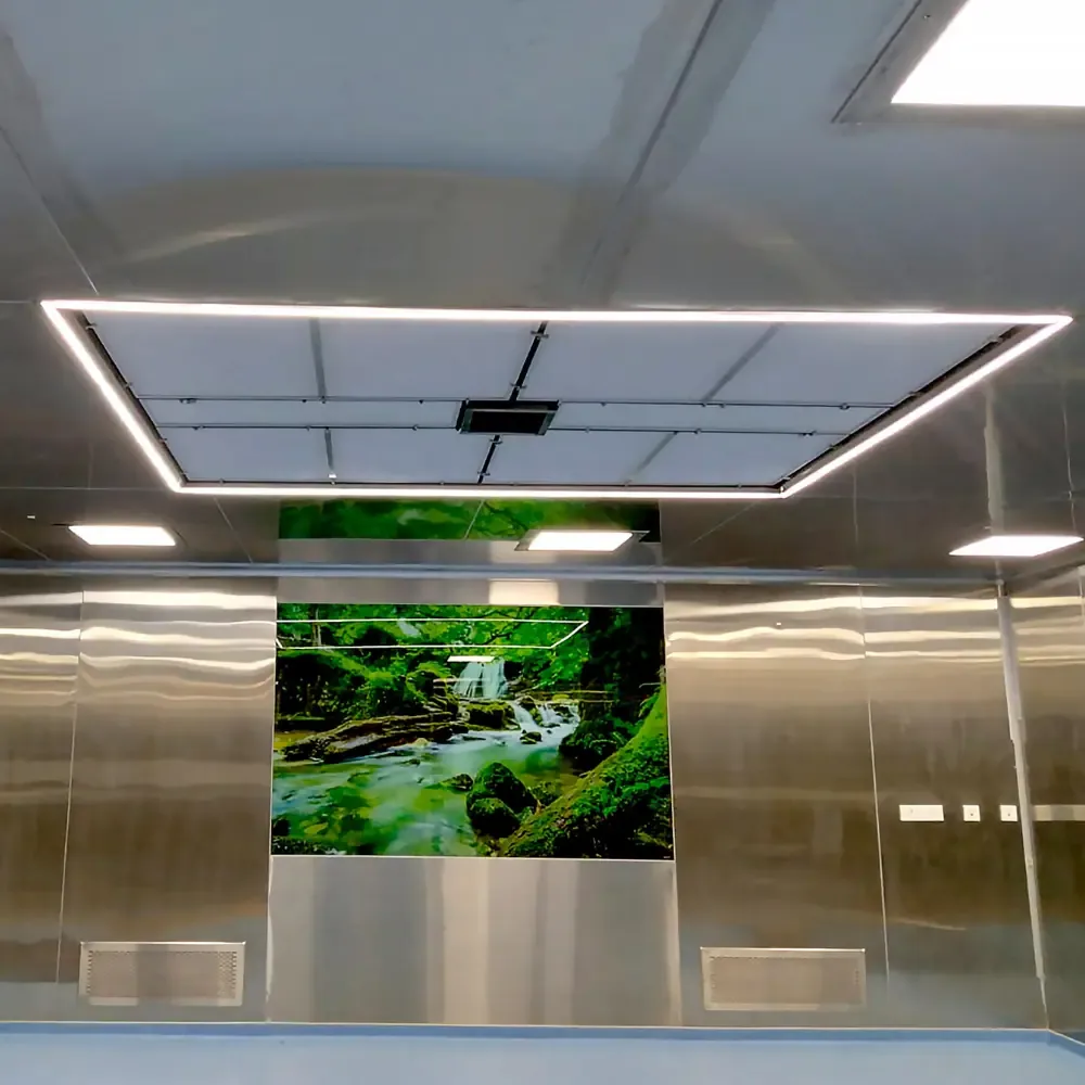 Laminar-flow ceiling module with perimeter LED trim above the operating position