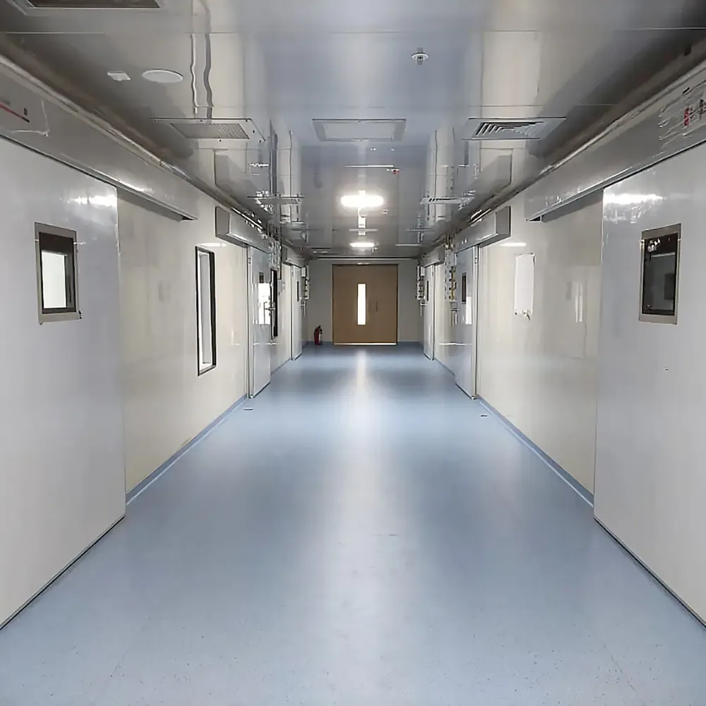 Operating theatre corridor with flush doors and coved vinyl flooring