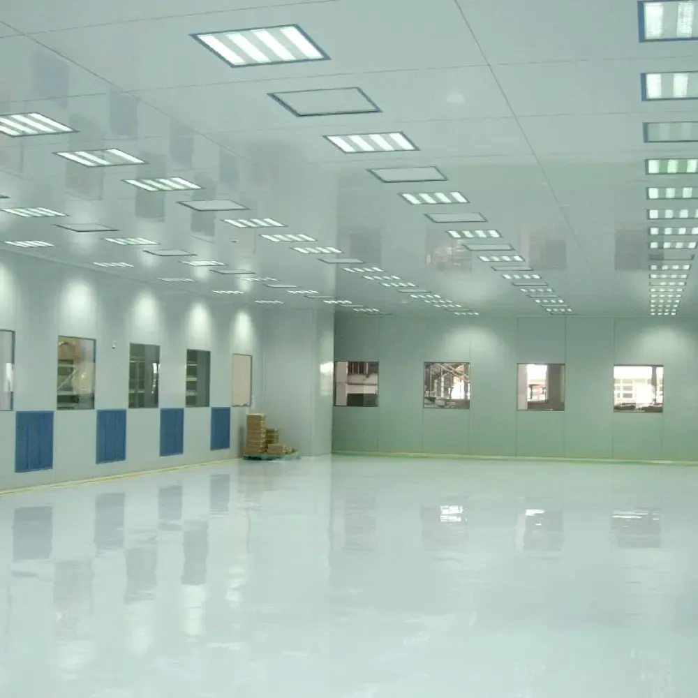Cleanroom hall with flush partitions, vision panels and recessed ceiling lighting