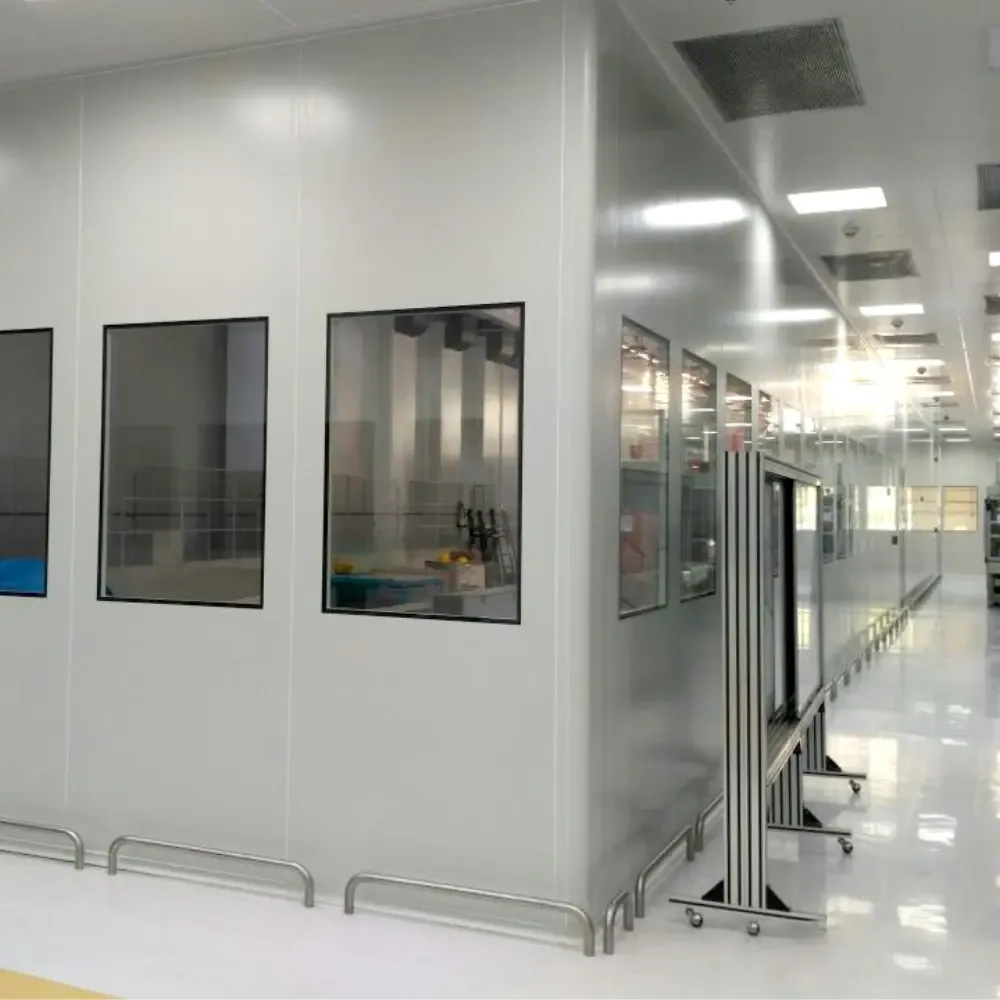 Self-contained modular cleanroom enclosure standing inside a larger production hall