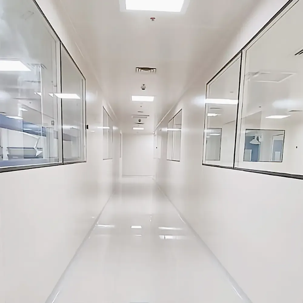 Cleanroom corridor with vision panels running along both walls