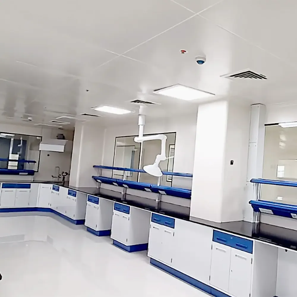 Laboratory benching with chemical-resistant worktops and under-bench storage