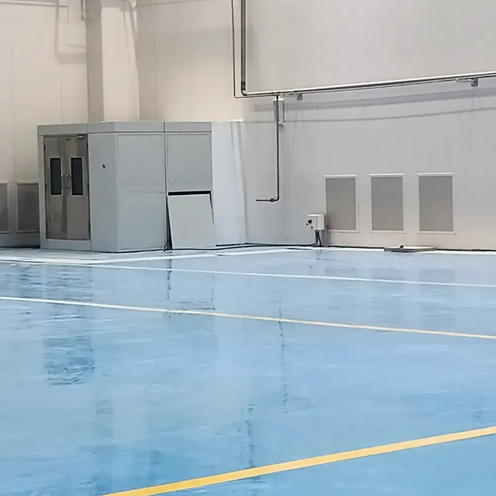 Assembly hall interior with plant cabinet and seamless epoxy floor