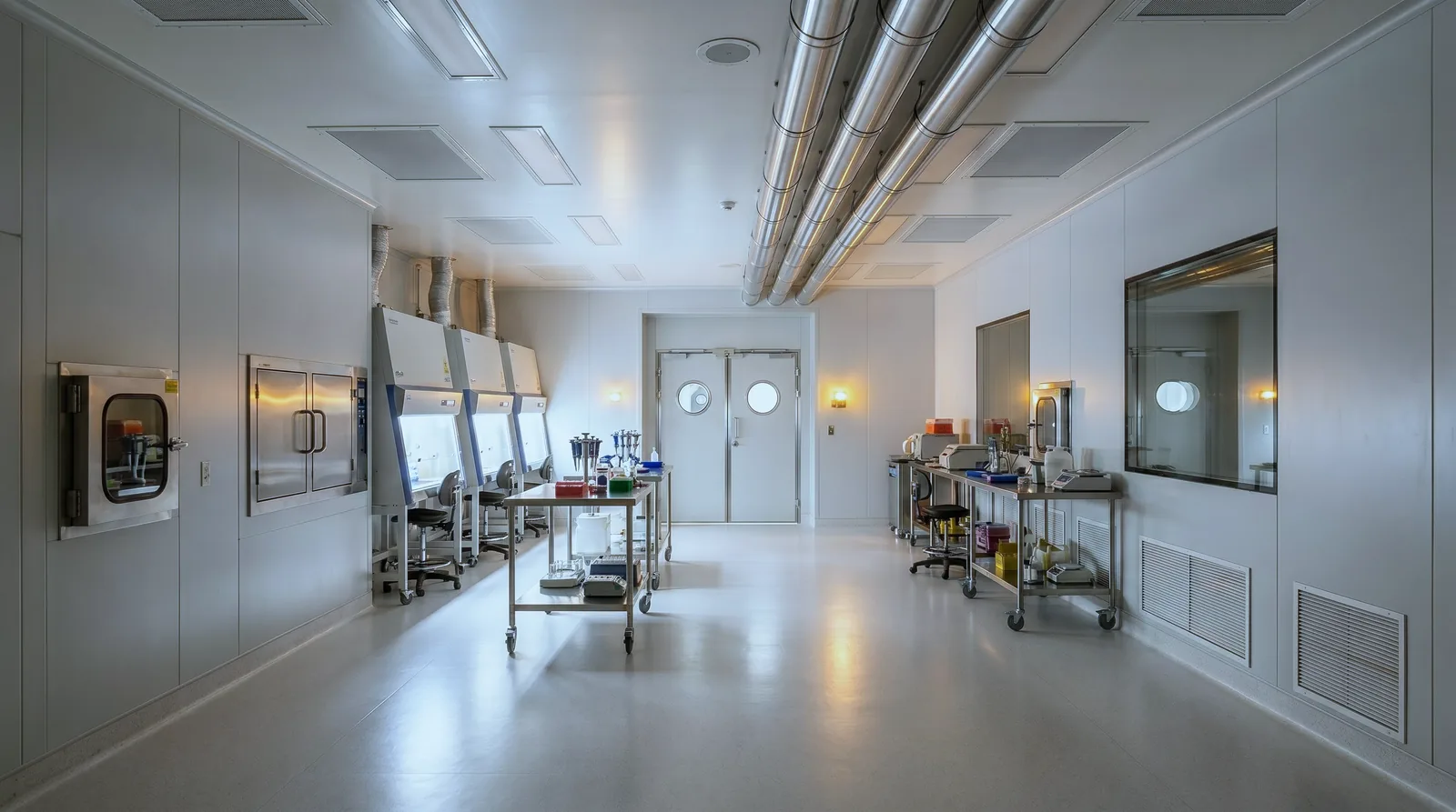 Biotechnology containment laboratory with controlled airflow