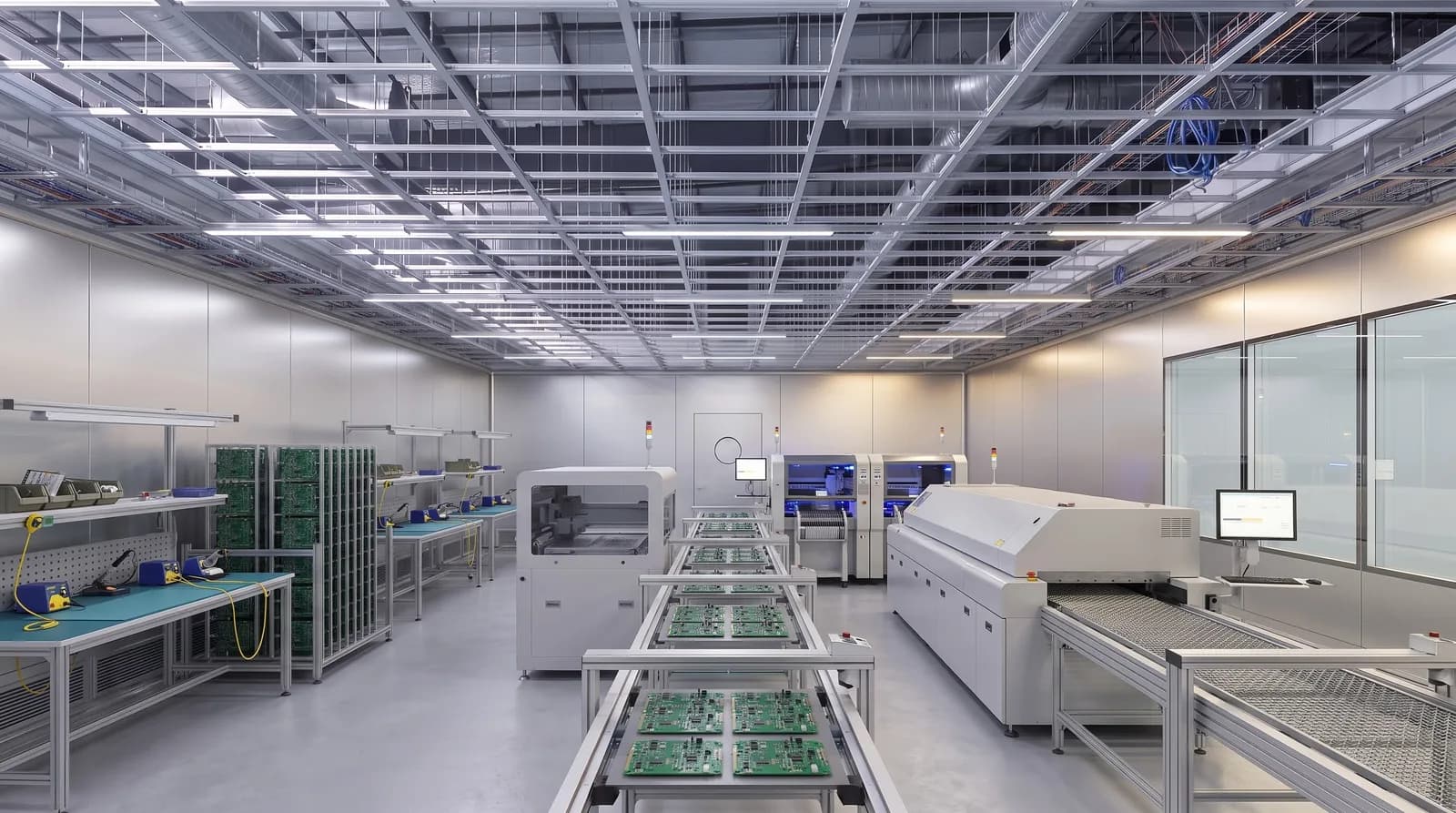 Operators in cleanroom garments working an electronics assembly line under a filtered ceiling